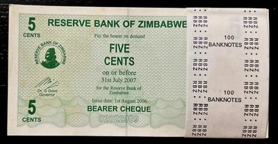 Zimbabwe 5 CENTS P-34 2006 x 100 Pcs *AA* Lot BUNDLE UNC Zimbabwean Cheque NOTE - Image 1 of 4