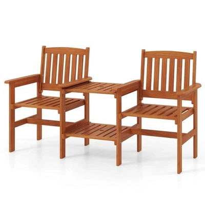 Outdoor Wood Bench Loveseat with Built-in Table 1.57" Umbrella Hole for Porch - Image 1 of 4