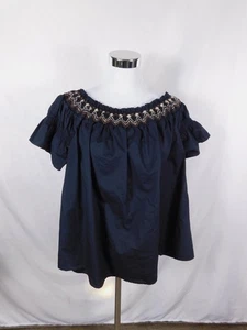 Old Navy Shirt Womens 2X Navy Blue Smocked Embroidered Peasant Boho Off Shoulder - Picture 1 of 12