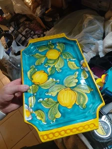 Sizilianische Zitronenblüte Azurblau Serviertablett 15" handgefertigt signiert geripptes Porzellan  - Bild 1 von 11