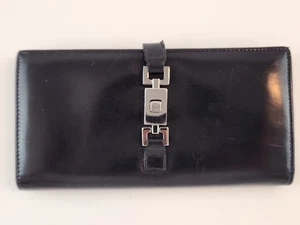 Authentic GUCCI Wallet Long Black Bifold Leather GG Bill Card Lock Gloss - Picture 1 of 24