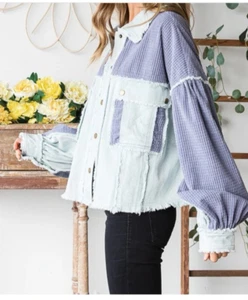 Oli and Hali Jacket Waffle knit and Denim SZ L Oversized Light Blue Crop Cotton - Picture 1 of 10
