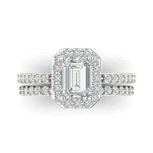 2.20 CT Emerald Halo Bridal anniversary engagement Ring band set 14k White gold - Picture 1 of 11