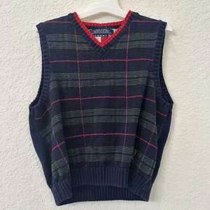 Vintage Tommy Hilfiger Vest Kids Boys Medium V Neck Crest Plaid Logo Holidays - Picture 1 of 4