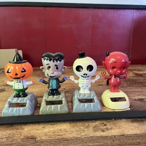 Halloween Bobble Heads Lot X4 Solar Dancer Devil Frankenstein Pumpkin - Picture 1 of 3