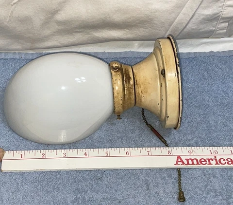 Vintage MCM Vanity Bathroom SCONCE LIGHT pull chain Fixture White glass Globe Cover