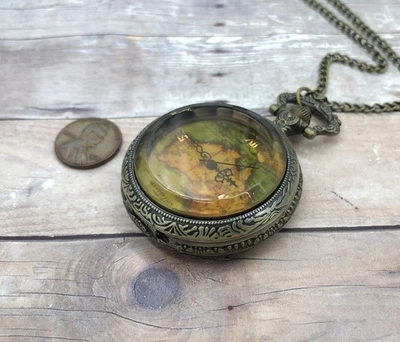 Reloj Bolsillo Mapa Vidrio Ámbar Collar Reloj Colgante Cadena y Batería Incluida Foto 1 de 4