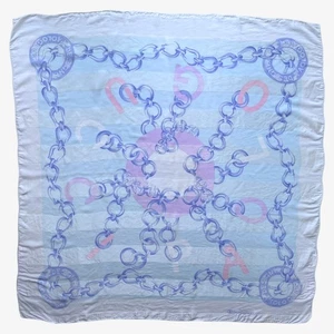 Vintage 80s Paolo Gucci Medallion Chain Spell Out Print Blue Silk Scarf, Shawl - Picture 1 of 5