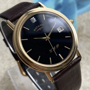 Rotary Watch Mens Vintage Diamond Black Dial Gold Plated 34mm Case - Picture 1 of 9