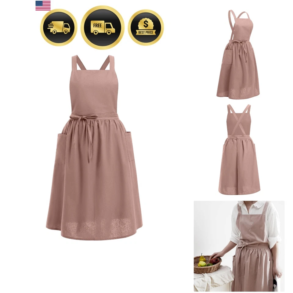 Cotton Linen Apron for Women Girls Pockets Vintage Cross Back Cooking Gardening - Image 1 of 4