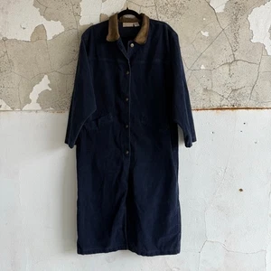 Vtg 90s Corduroy Duster Coat Navy Blue Barn Chore Jacket Suede Collar Womens M  - Picture 1 of 9