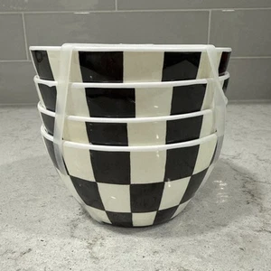 Set 4 BLACK WHITE Checkered Melamine 2.5”x4.5” BOWLS Shiny Appetizer Bowl Check - Picture 1 of 4
