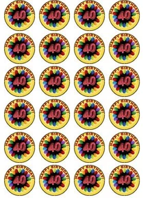24 X PRE CUT 40TH BIRTHDAY NOVELTY WAFER PAPER CUP CAKE TOPPERS - Picture 1 of 1