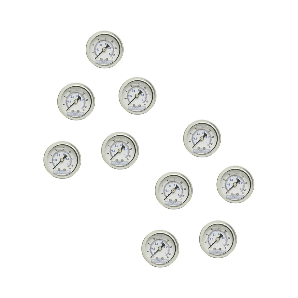 10 PACK LIQUID FILLED PRESSURE GAUGE 0-15 PSI, 1.5" FACE, 1/8" NPT BACK MOUNT - Image 1 of 3