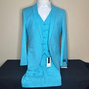 Mens Retro Paris 3pc Summer Blue Slim Fit Suit - Picture 1 of 10