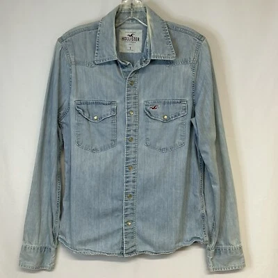 Hollister Womens Boyfriend Denim Shirt Sz S Pearl Snaps Distressed Western - Image 1 of 4