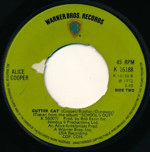 ALICE COOPER - GUTTER CAT / SCHOOL'S OUT - WARNER BROTHERS K 16188 45 Record NM - Picture 1 of 2