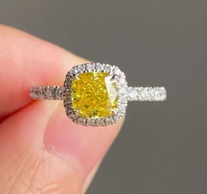 Certified IGI Cushion Fancy Vivid Yellow Lab-Grown Diamond Ring 14k Gold EF/VVS - Picture 1 of 15
