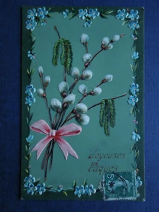 Carte Postale Ancienne Gaufrée Chatons D'Arbre Saule Joyeuses Pâques - Picture 1 of 2