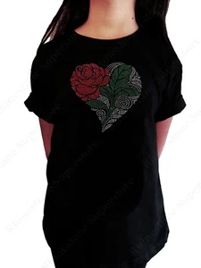 Girls Rhinestone T-Shirt " Heart with Rose and Green Leaf " in Size 3 to 14 - Picture 1 of 2