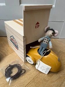 Maileg Retired Racer Mouse Set Yellow Metal Car, Little Brother and Wood Garage - Picture 1 of 4