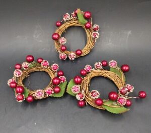 Set of 3 Christmas ornaments Rattan Woven Wreaths Berries Small 3.5"