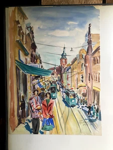 :: AQUARELL HEIDELBERG ALTSTADT 1957 STRASSENBAHN FELTMACHER SIGNIERT ANTIK - Picture 1 of 6