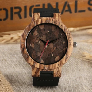 Orologio Legno Uomo Pelle Bracciale Quarzo Legno Orologi Bamboo Bracciale - Foto 1 di 11