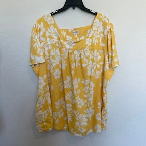 Terra & Sky Womens Blouse 3X (24W-26W) Yellow White Floral Summer Spring - Picture 1 of 8