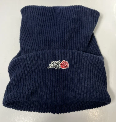 KITH Kith and Kin Signature Rose Script Felt Embroidery Cotton Beanie Navy Blue - Image 1 of 4