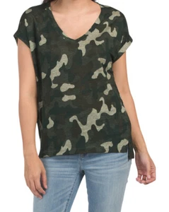 C&C California womens T Shirt Top Small Green Camo Camouflage 100% Linen Knit - Picture 1 of 7