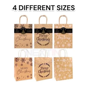 Christmas Kraft Paper Bags 50 Bulk Gift Shopping Carry Craft Brown Bag Handles - Picture 1 of 11