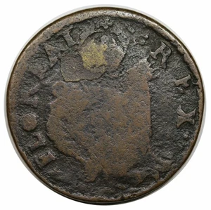 c. 1670 Nueva Jersey St. Patrick Farthing, Sea Beasts Below King, Martin 4m.1-Gh.3 - Imagen 1 de 3