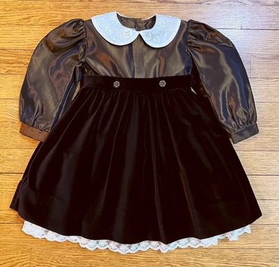 Vestido Vintage SARAH LOUISE Inglaterra Niña 18 Mo Fiesta Marrón Terciopelo Encaje Cintura Corbata Foto 1 de 4