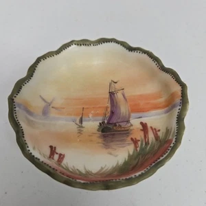 "Mini cuenco Nippon plato de baratija atardecer playa velero 3"" posguerra antiguo" - Imagen 1 de 11