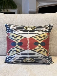 Hand Loomed Uzbek Silk Ikat Tribal Pillow Cover Accent Cushion - Red - Blue - Picture 1 of 9