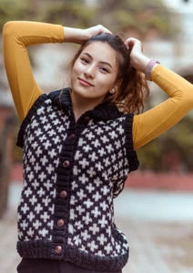Black and White Plus Sign Pattern Multicolor Women's Woolen Cardigan - Picture 1 of 3