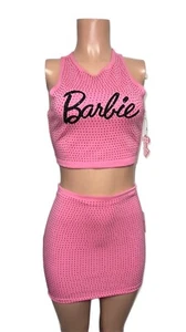 Forever 21 Barbie Logo Hot Rosa Estrás Bling Top Falda Conjunto Nuevo con Etiquetas Fiesta Años 80 - Imagen 1 de 8