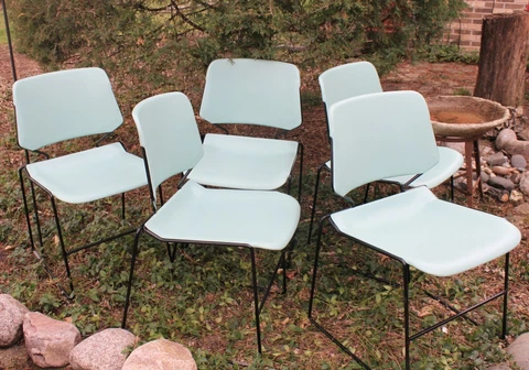 Vintage Krueger Matrix Stacking Chairs Blue Chrome Plastic MCM Set of 5 Cover