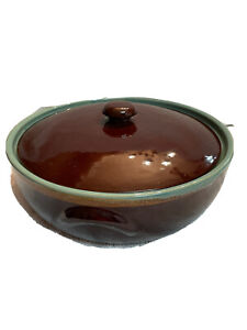 antique stoneware pottery brown blue CASSEROLE red ware wing vtg jar pot bowl