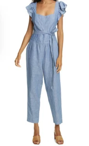 La Vie REBECCA TAYLOR Ruffle Indigo Chambray -  Rinse Wash Jumpsuit Sz S $350 - Picture 1 of 14