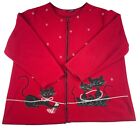 Vintage Penningtons Cardigan Women's 1X Red Fleece Detailed Cat Patch Full Zip
