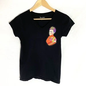Frida Kahlo Top Womens Medium M Black V-neck Artist Teeshirt - Picture 1 of 10