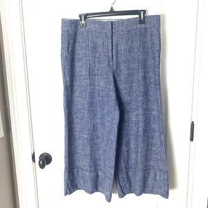 Ann Taylor Cropped Pants Women’s 12 Blue Wide Leg Career Linen Blend High Waist - Picture 1 of 5