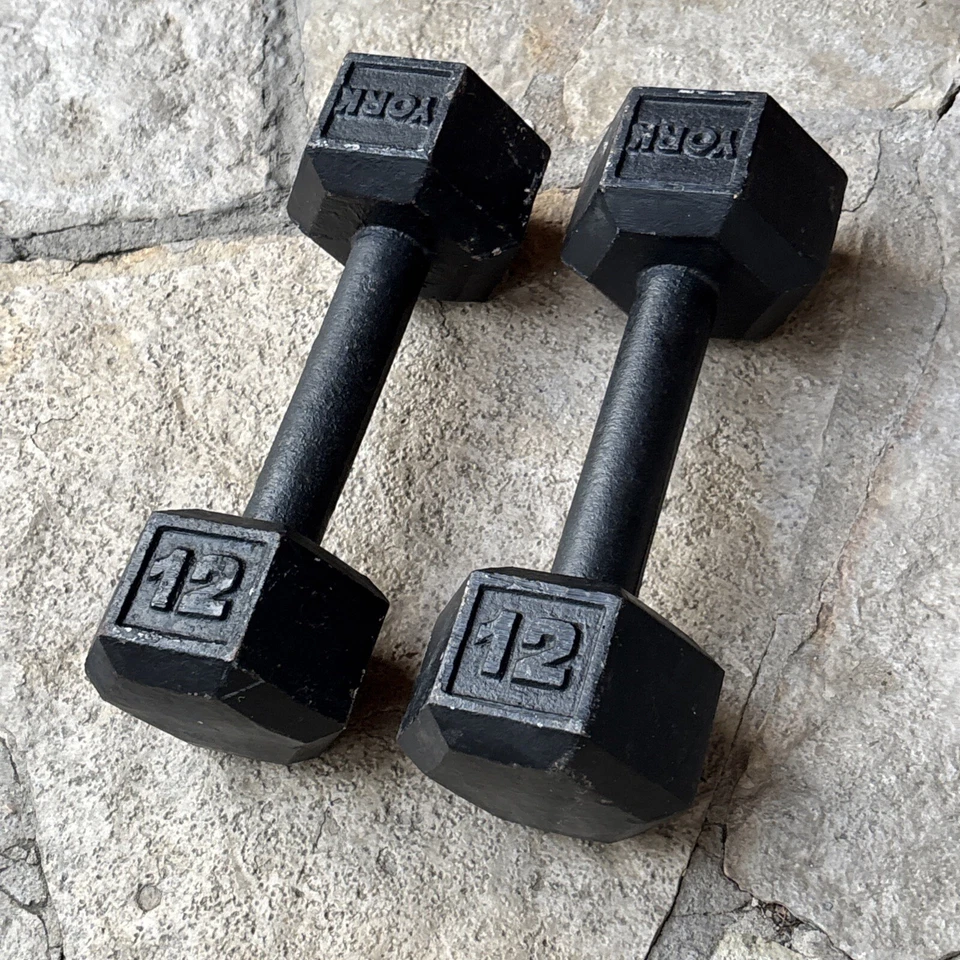Hex VINTAGE YORK BARBELL DUMBBELLS Iron  PAIR OF 12 LB - Image 1 of 4