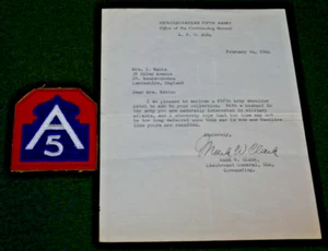 WWII US LTG Mark W. Clark Signed Letter & SSI Patch 5th Army Feb. 1944 - England - Picture 1 of 11