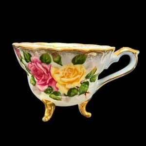 Tazza da tè vintage Napco blu bordo oro porcellana dipinta a mano fiori piedi rosa - Foto 1 di 10