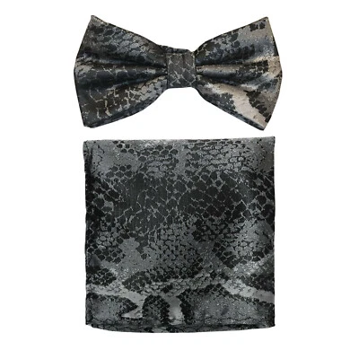 Men's Pre-tied Bow Tie & hankie set polyester Grey animal snake print wedding  - Image 1 of 3