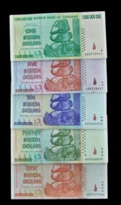 5 Zimbabwe Banknotes-1 ea x 1,5,10,20 & 50 Billion Dollars-CIRCULATED currency - Picture 1 of 2