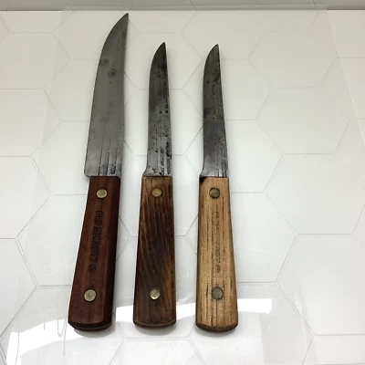Lote Mixto de 3 Cuchillos de Nogal Antiguo Tru-Edge Ontario Knife Co Remache de Madera EE. UU. De Colección Foto 1 de 4